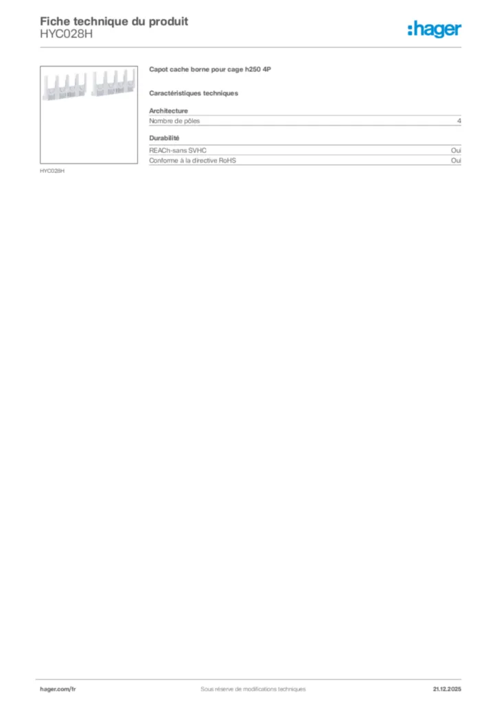 Image Hager Fiche technique du produit HYC028H | Hager France