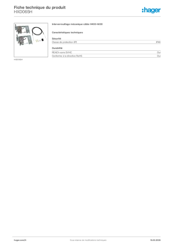 Image Hager Fiche technique du produit HXD065H | Hager France