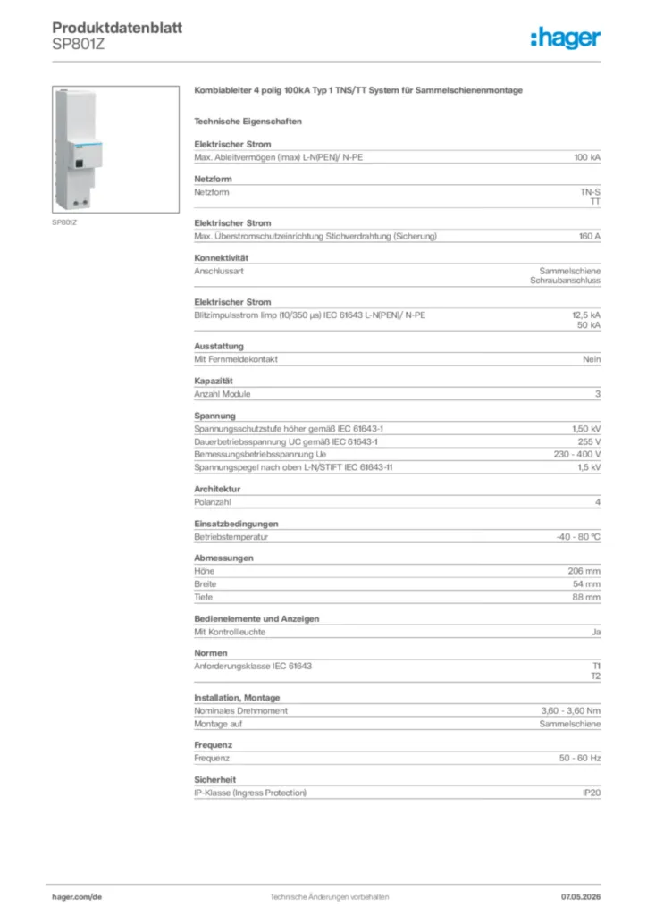 Bild Hager Produktdatenblatt SP801Z | Hager Deutschland