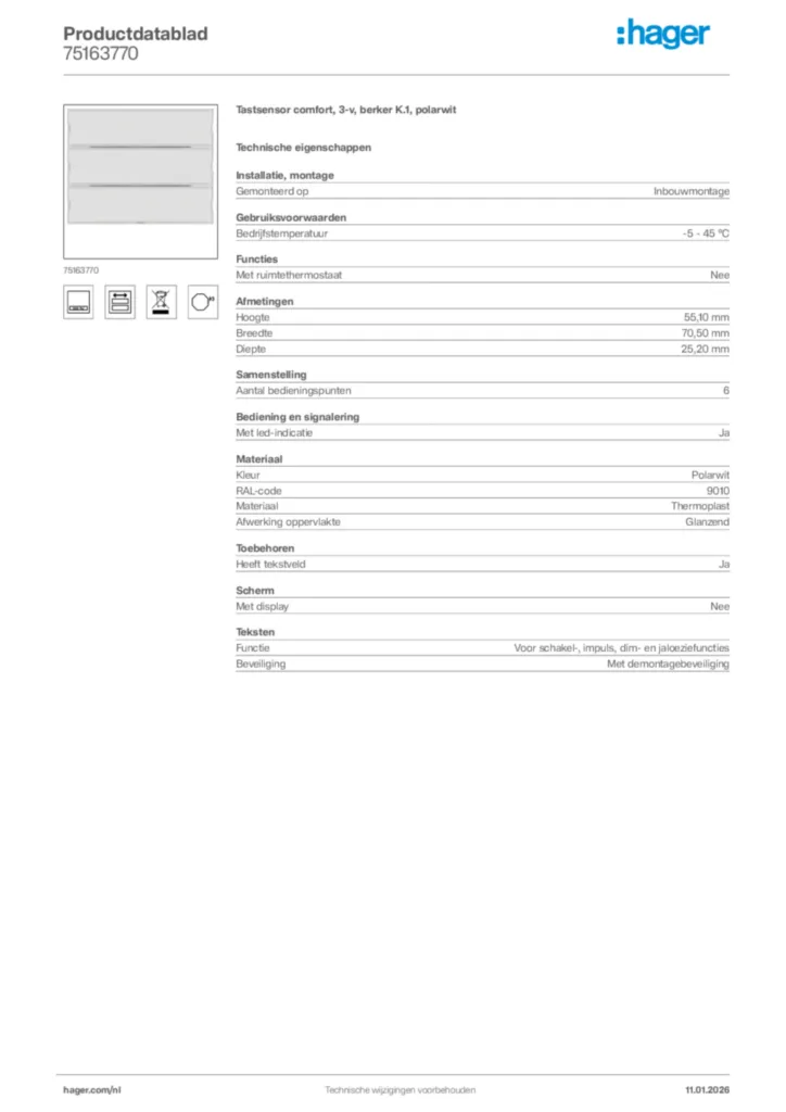 Afbeelding Hager Productdatablad 75163770 | Hager Nederland