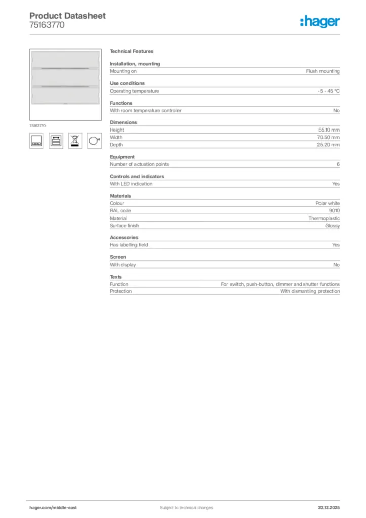 Image Hager Product data sheet 75163770  | Hager