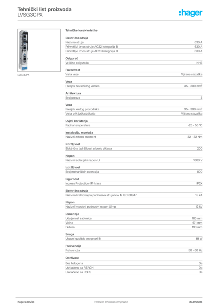 Slika Hager Product data sheet LVSG3CPX  | Hager