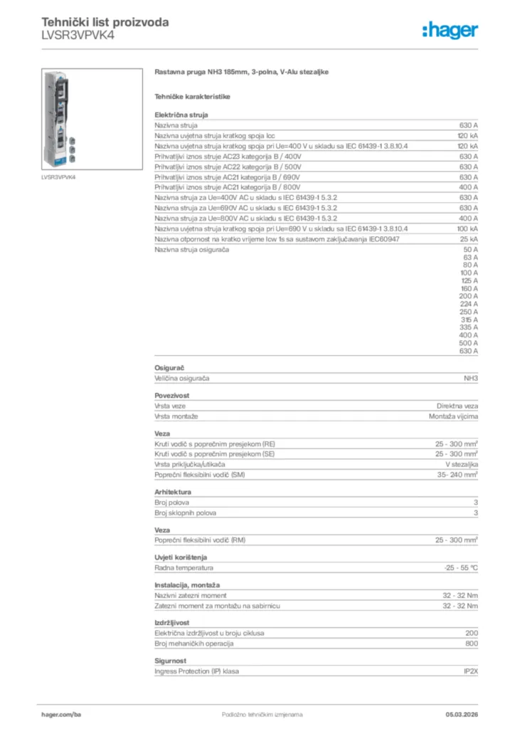 Slika Hager Tehnički list proizvoda LVSR3VPVK4  | Hager