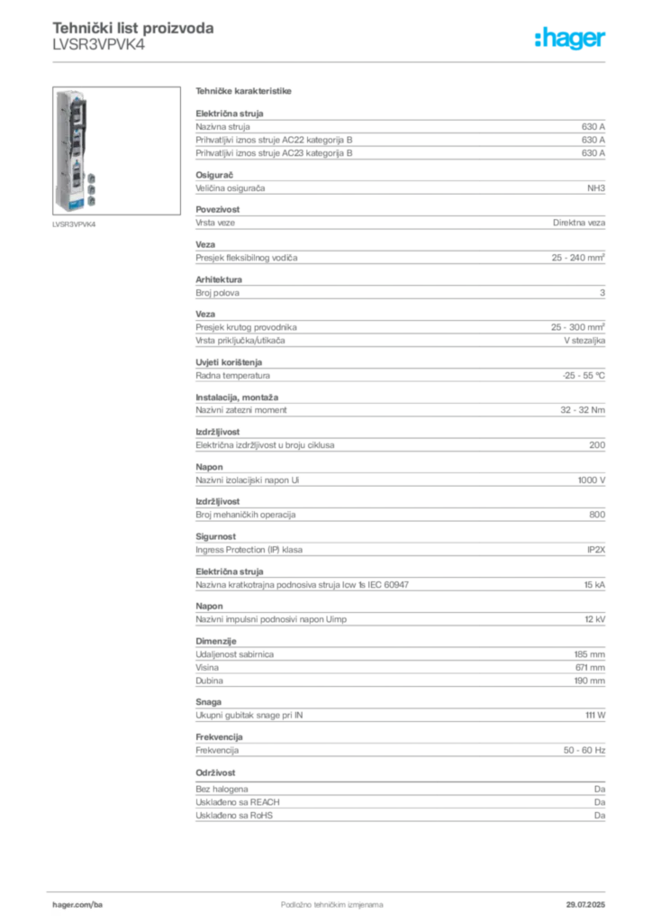 Slika Hager Product data sheet LVSR3VPVK4  | Hager