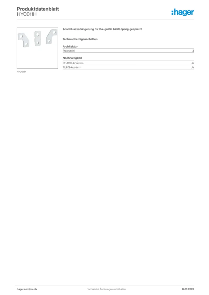Bild Hager Produktdatenblatt HYC011H | Hager Schweiz