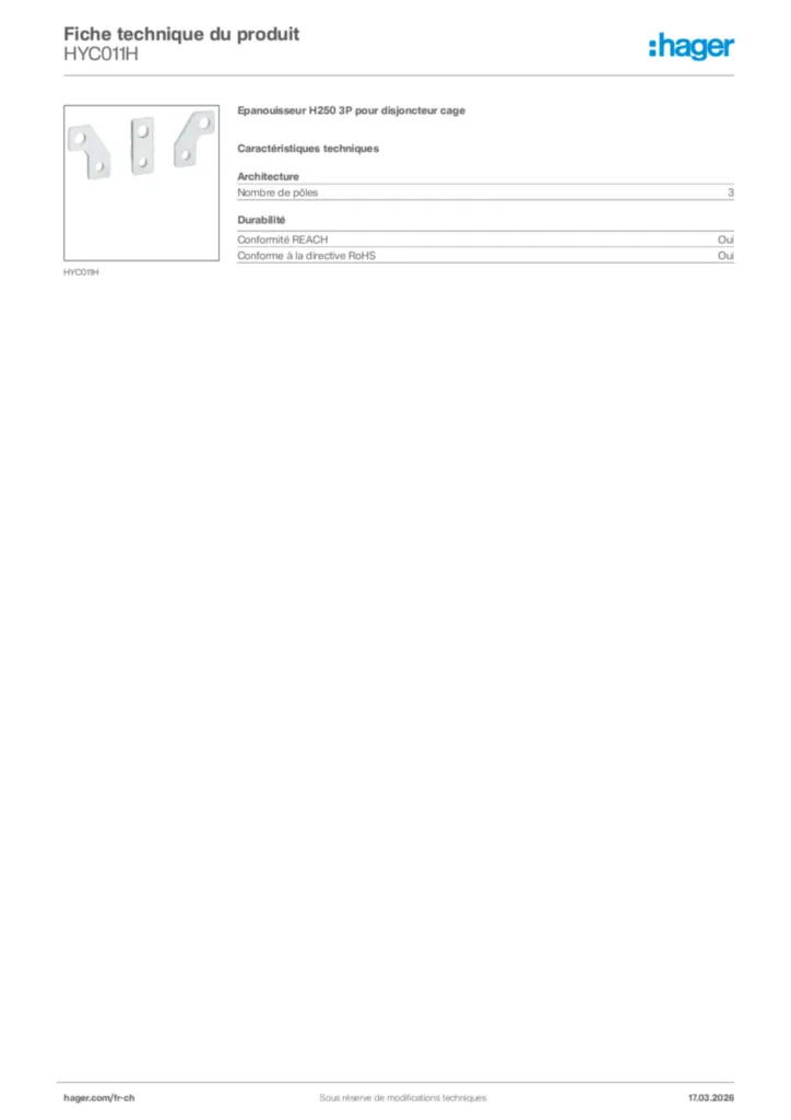 Image Hager Fiche technique du produit HYC011H | Hager Suisse