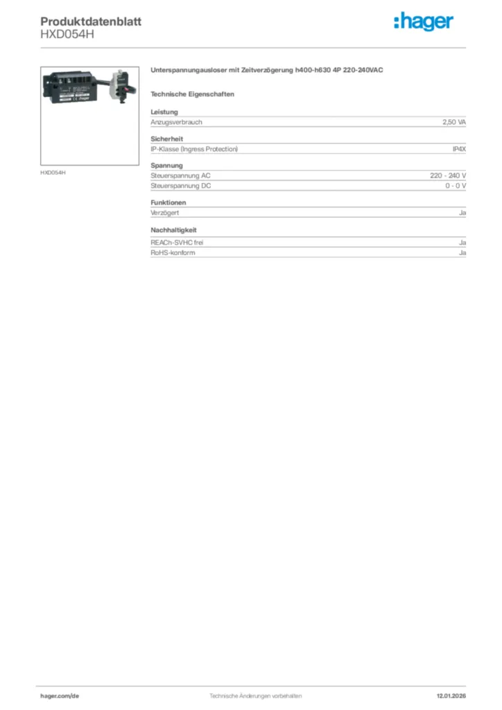 Bild Hager Produktdatenblatt HXD054H | Hager Deutschland