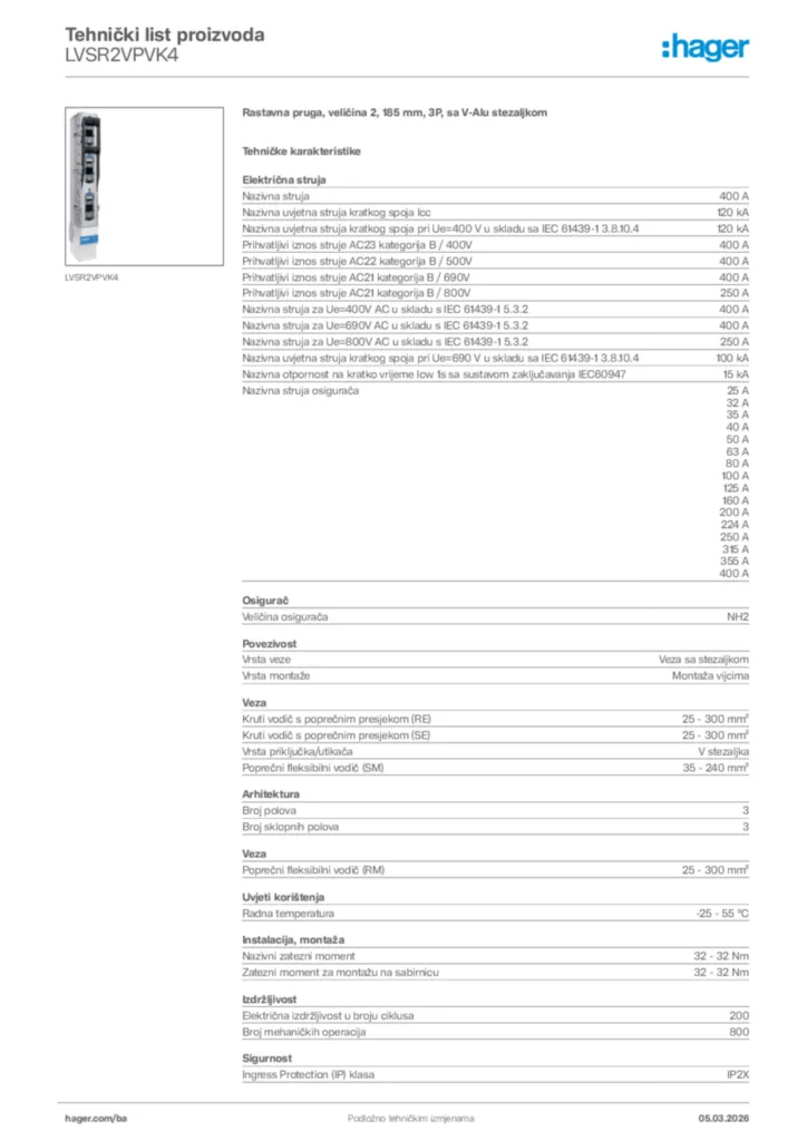 Slika Hager Tehnički list proizvoda LVSR2VPVK4  | Hager