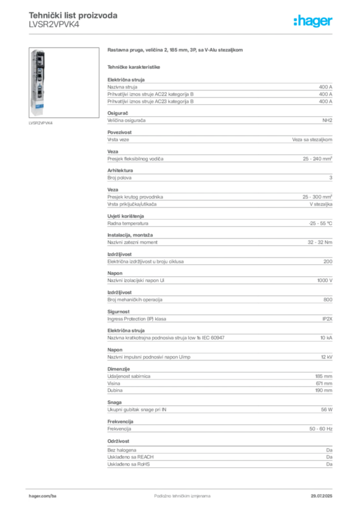 Slika Hager Product data sheet LVSR2VPVK4  | Hager