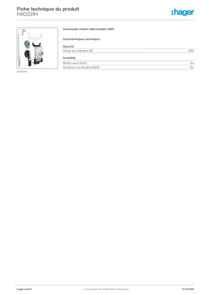 Image Hager Fiche technique du produit HXC031H | Hager France
