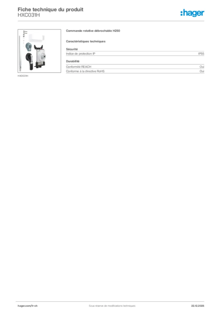 Image Hager Fiche technique du produit HXC031H | Hager Suisse
