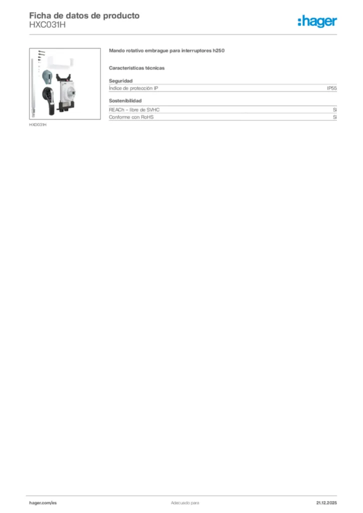 Imagen Hager Ficha de datos de producto HXC031H | Hager España