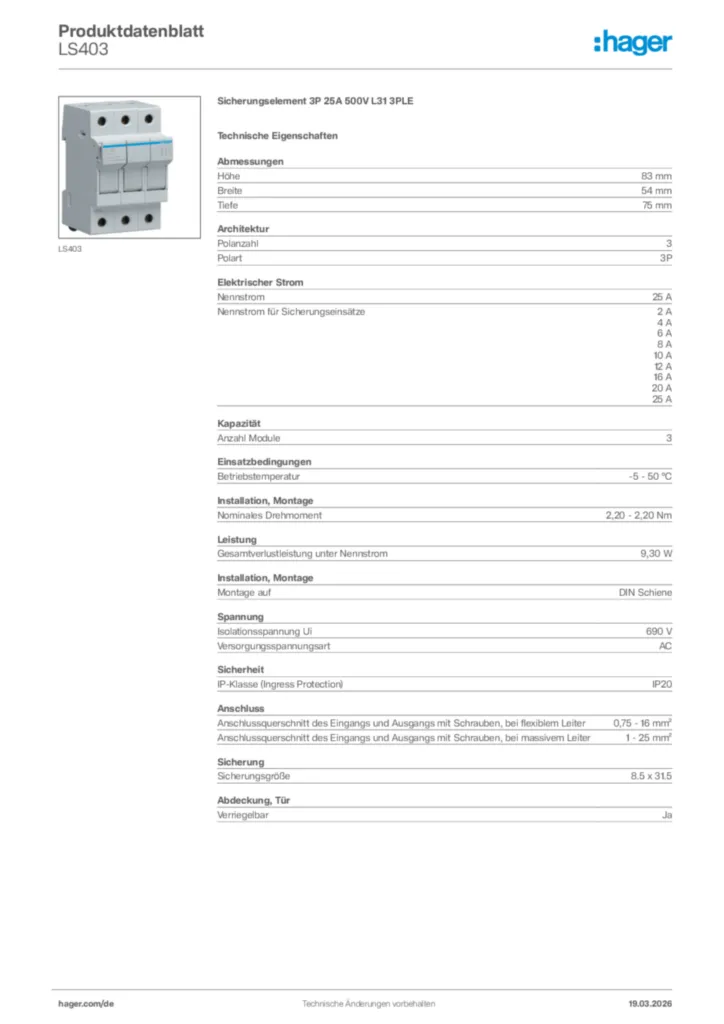 Bild Hager Produktdatenblatt LS403 | Hager Deutschland