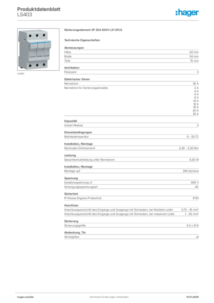 Bild Hager Produktdatenblatt LS403 | Hager Deutschland