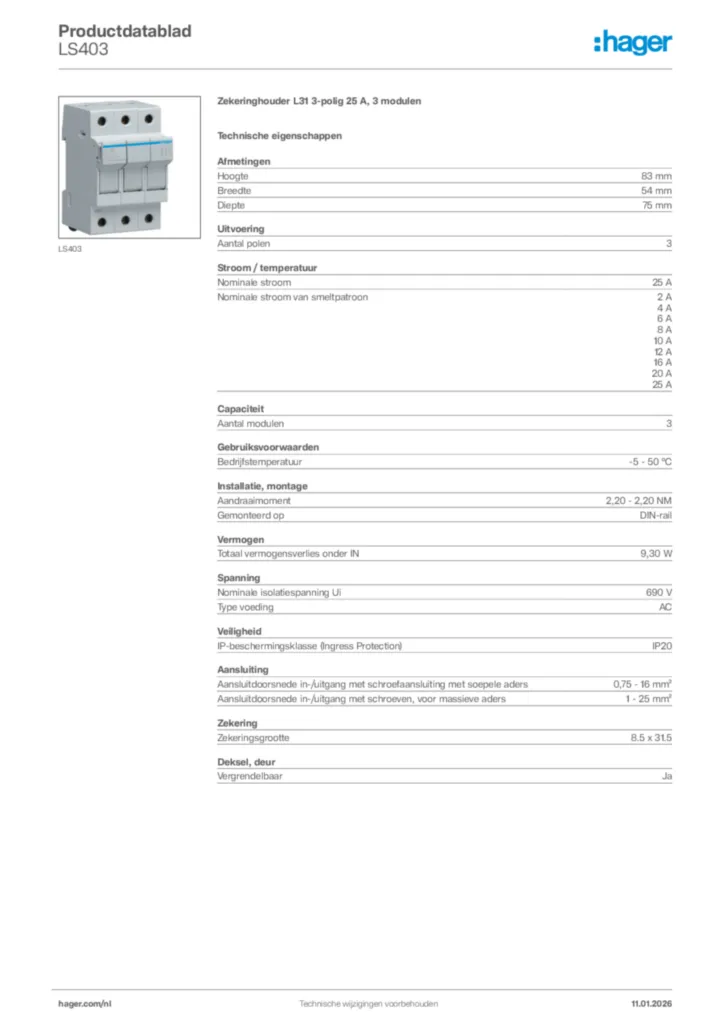 Afbeelding Hager Productdatablad LS403 | Hager Nederland
