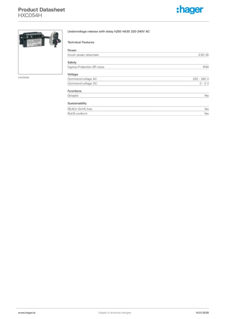 Image Hager Product data sheet HXC054H  | Hager