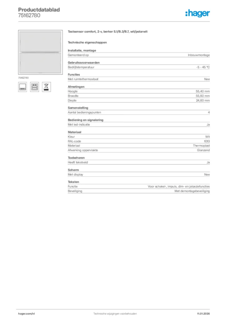 Afbeelding Hager Productdatablad 75162780 | Hager Nederland