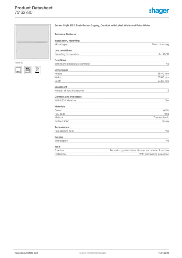 Image Hager Product data sheet 75162780  | Hager