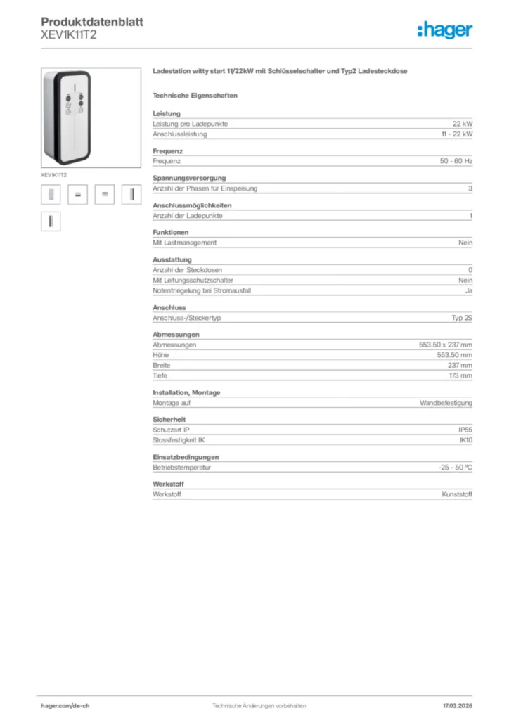 Bild Hager Produktdatenblatt XEV1K11T2 | Hager Schweiz