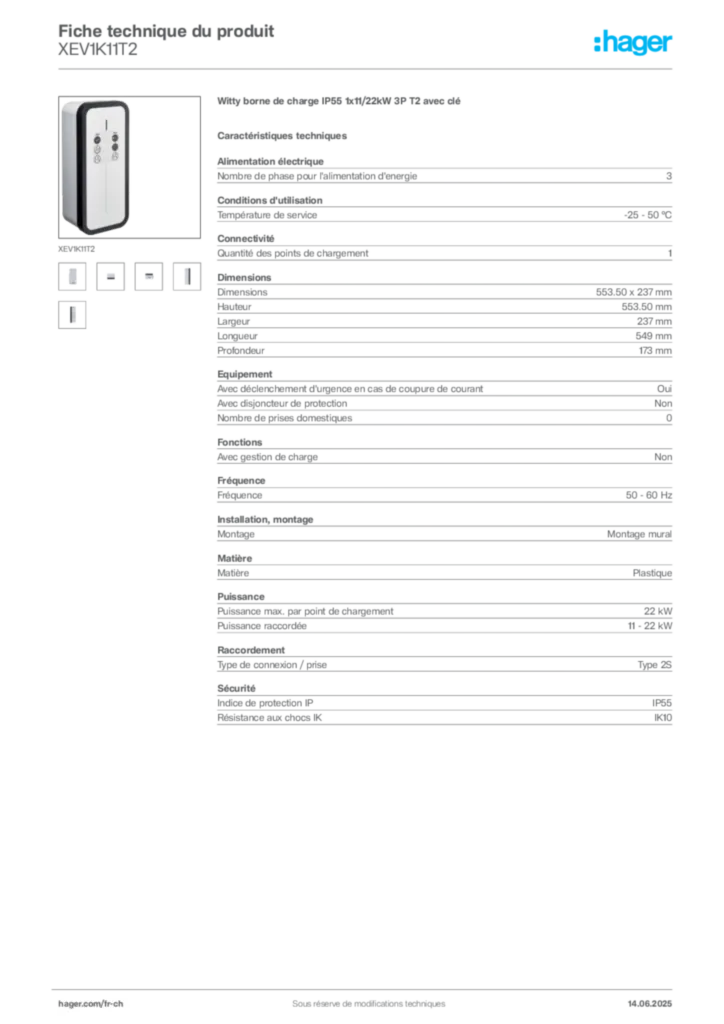 Image Hager Fiche technique du produit XEV1K11T2 | Hager Suisse