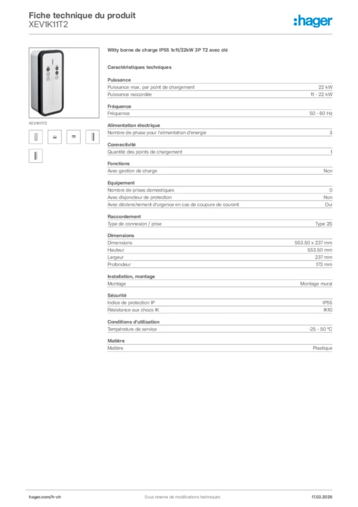Image Hager Fiche technique du produit XEV1K11T2 | Hager Suisse