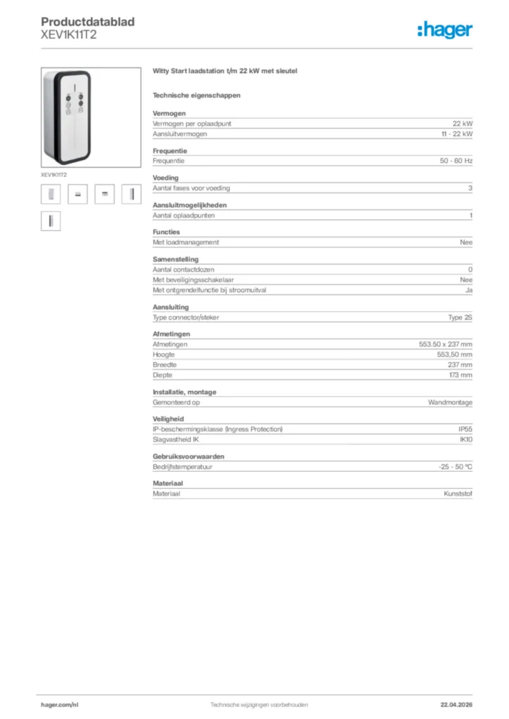 Afbeelding Hager Productdatablad XEV1K11T2 | Hager Nederland