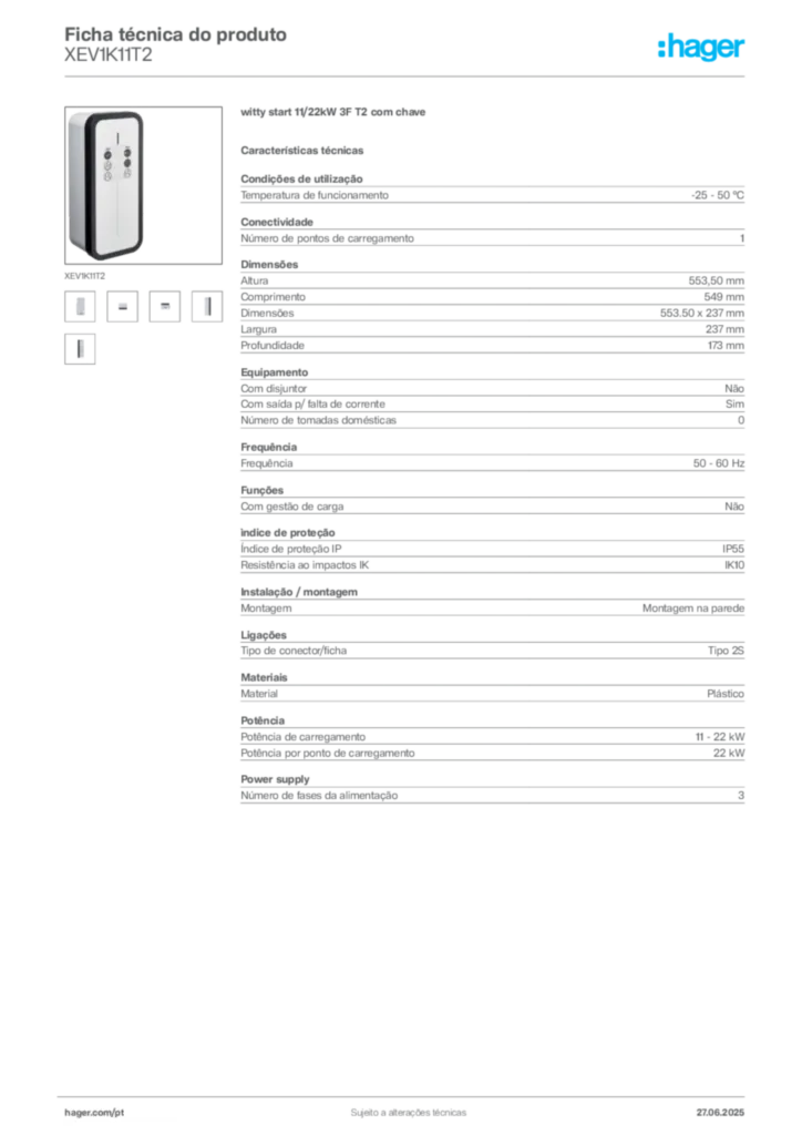 Imagem Hager Ficha técnica do produto XEV1K11T2 | Hager Portugal