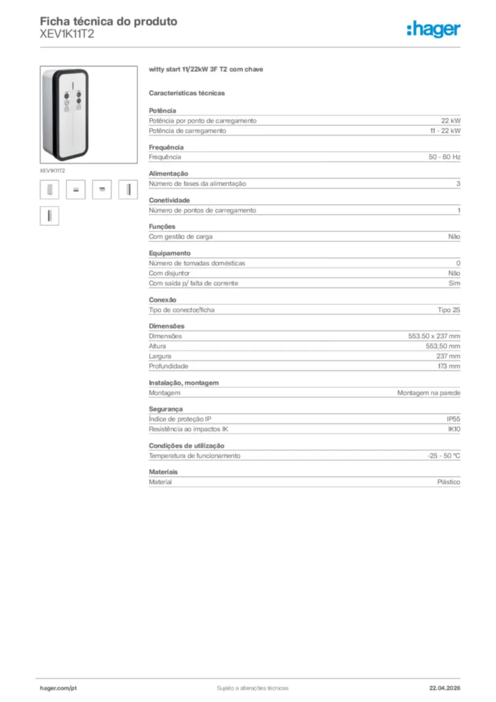 Imagem Hager Ficha técnica do produto XEV1K11T2 | Hager Portugal
