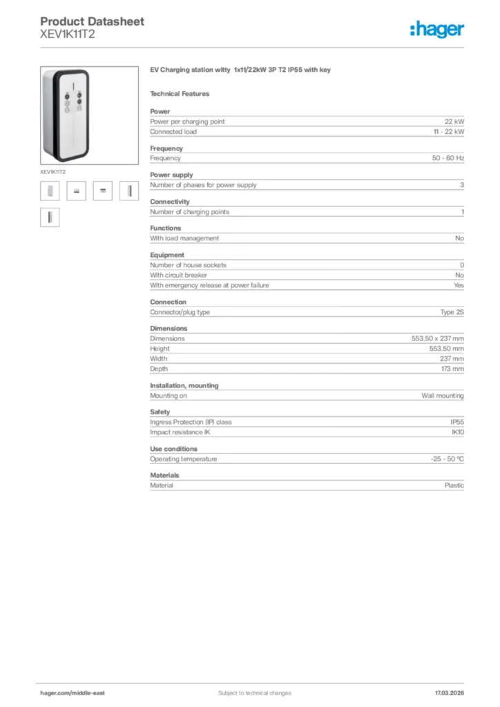 Image Hager Product data sheet XEV1K11T2  | Hager