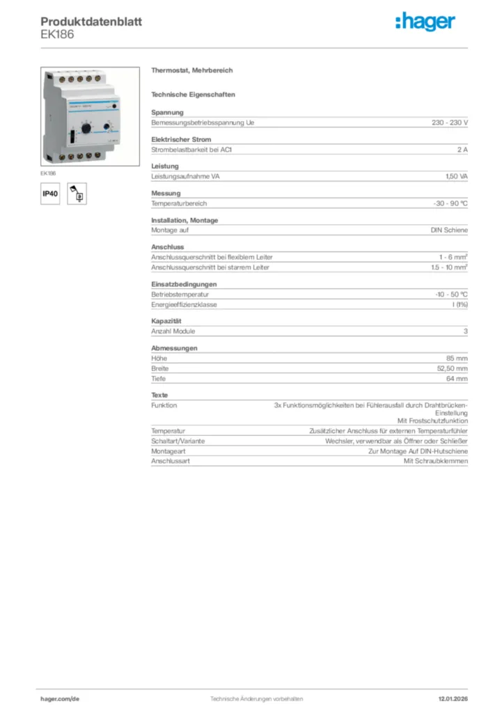 Bild Hager Produktdatenblatt EK186 | Hager Deutschland