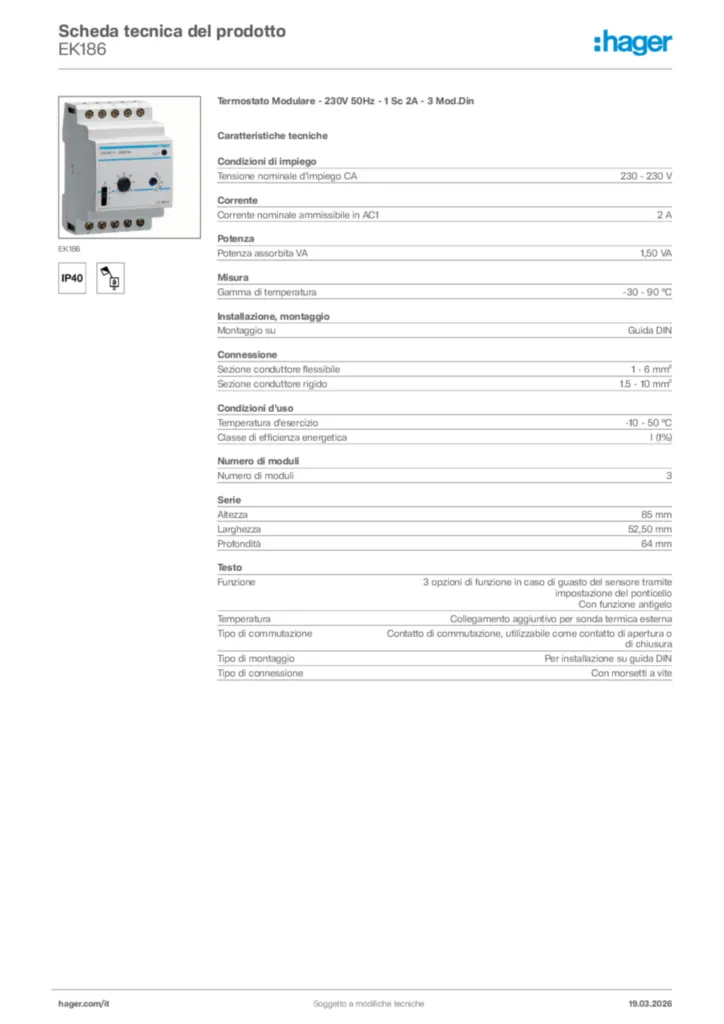Immagine Hager Scheda tecnica del prodotto EK186 | Hager Italia