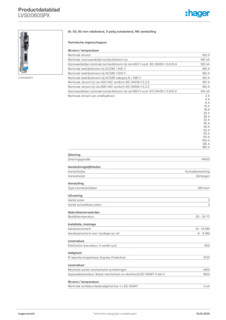 Afbeelding Hager Productdatablad LVS0060SPX | Hager Nederland