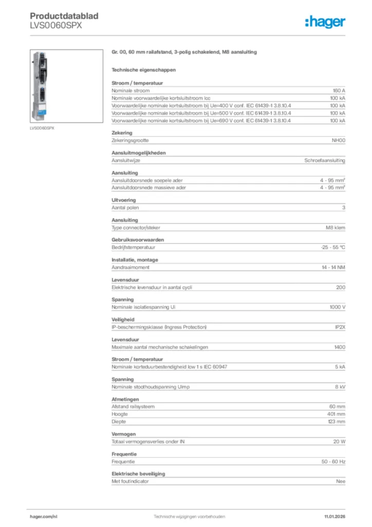 Afbeelding Hager Productdatablad LVS0060SPX | Hager Nederland