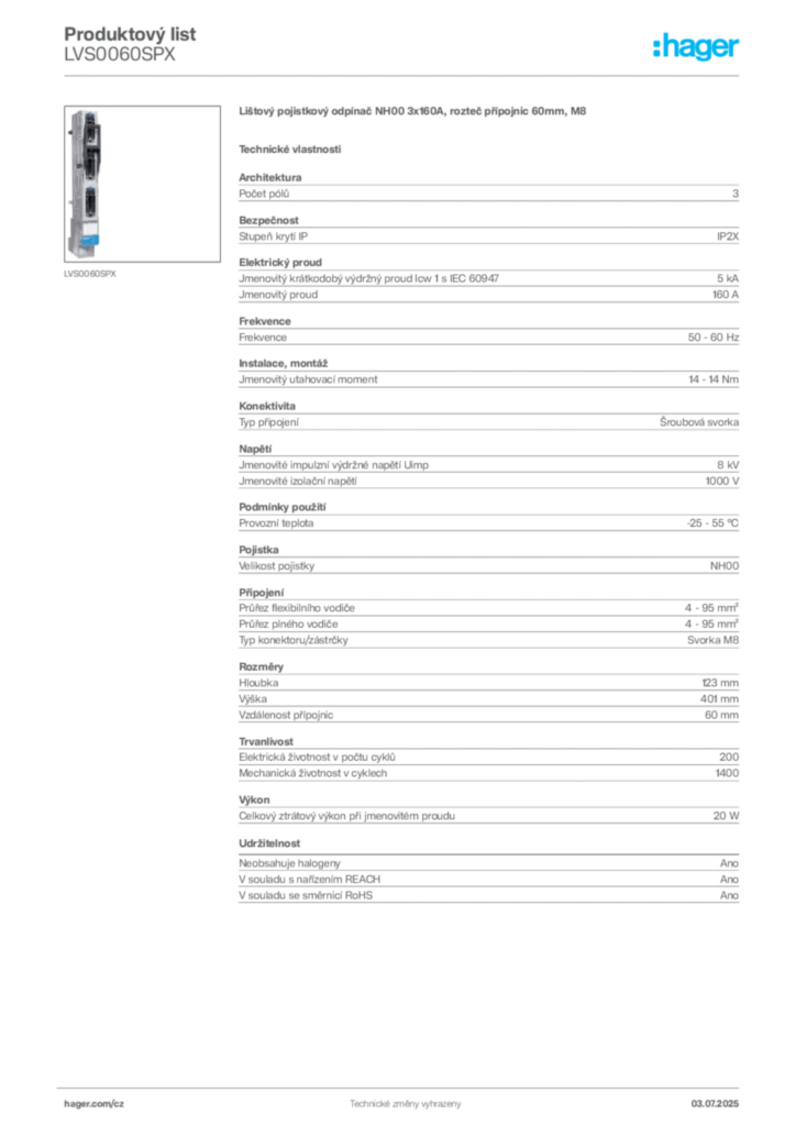 Obrázek Hager Produktový list LVS0060SPX | Hager
