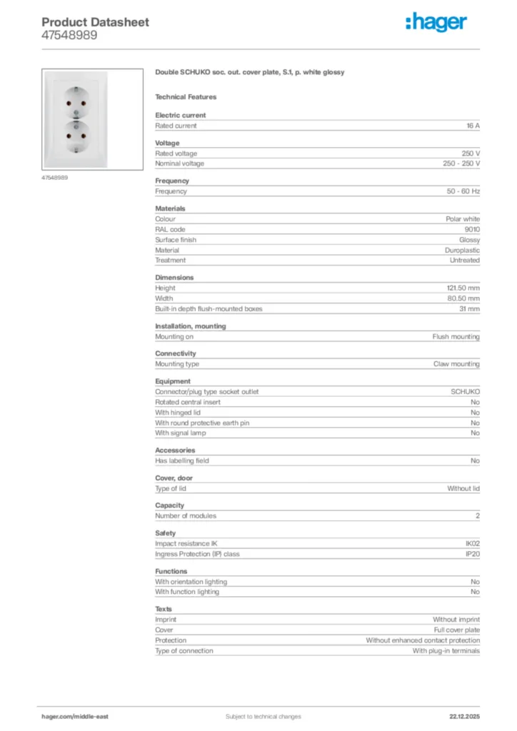 Image Hager Product data sheet 47548989  | Hager