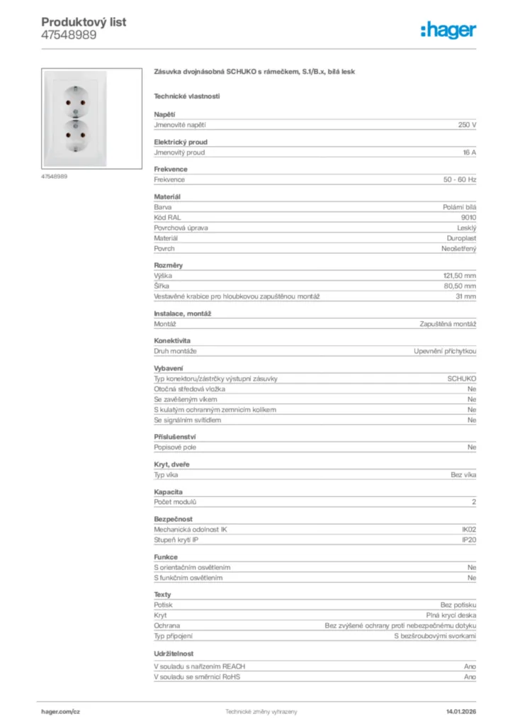 Obrázek Hager Product data sheet 47548989 | Hager