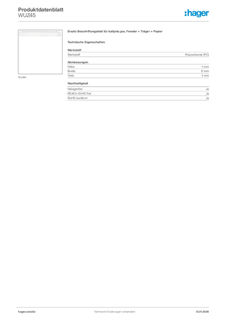 Bild Hager Produktdatenblatt WUZ45 | Hager Deutschland