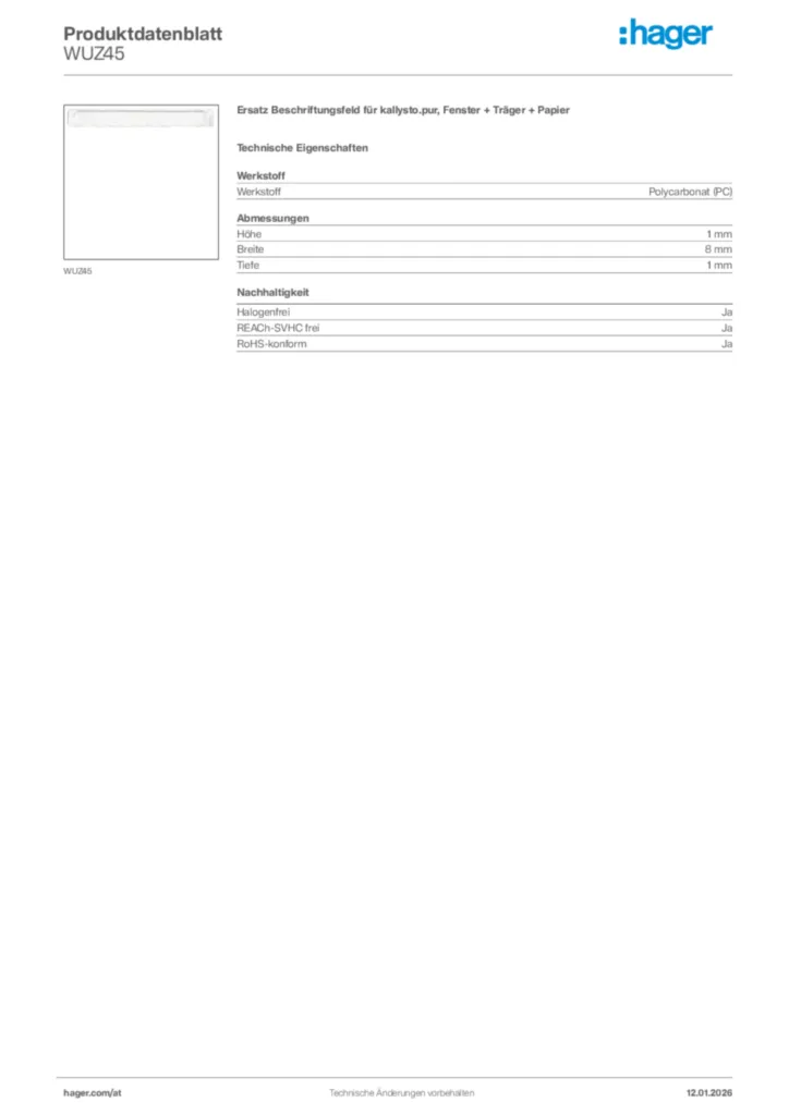 Bild Hager Produktdatenblatt WUZ45 | Hager Deutschland