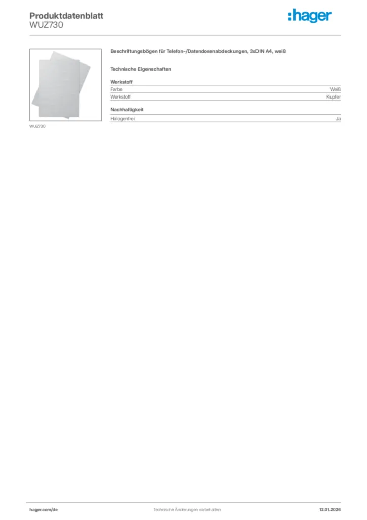 Bild Hager Produktdatenblatt WUZ730 | Hager Deutschland