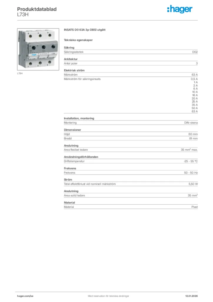Bild Hager Produktdatablad L73H | Hager Sverige