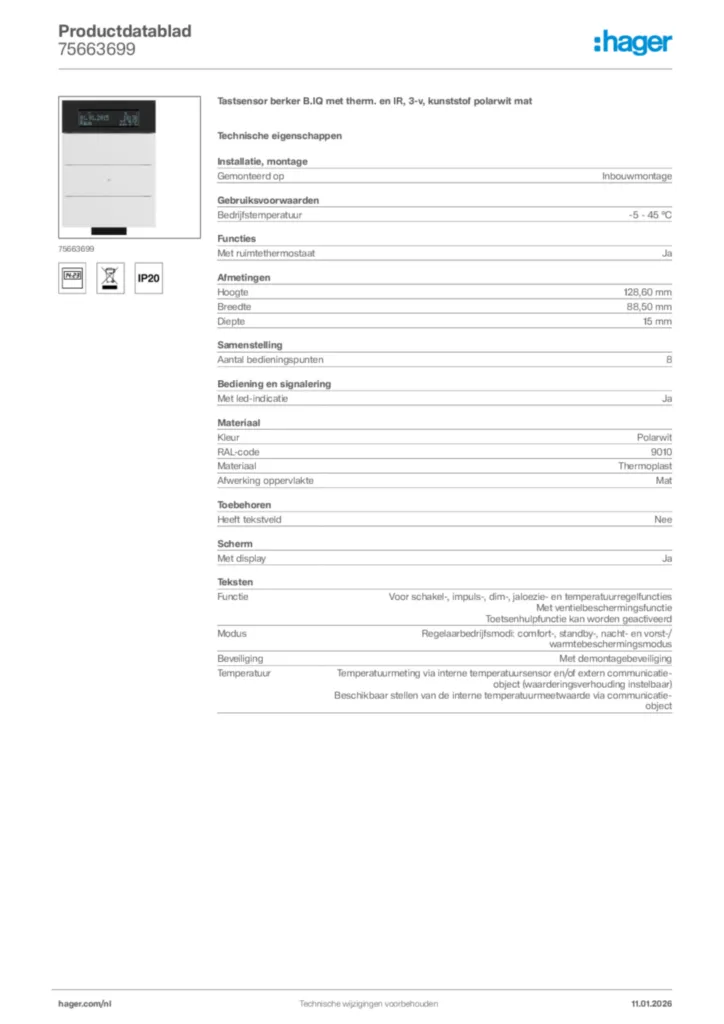 Afbeelding Hager Productdatablad 75663699 | Hager Nederland