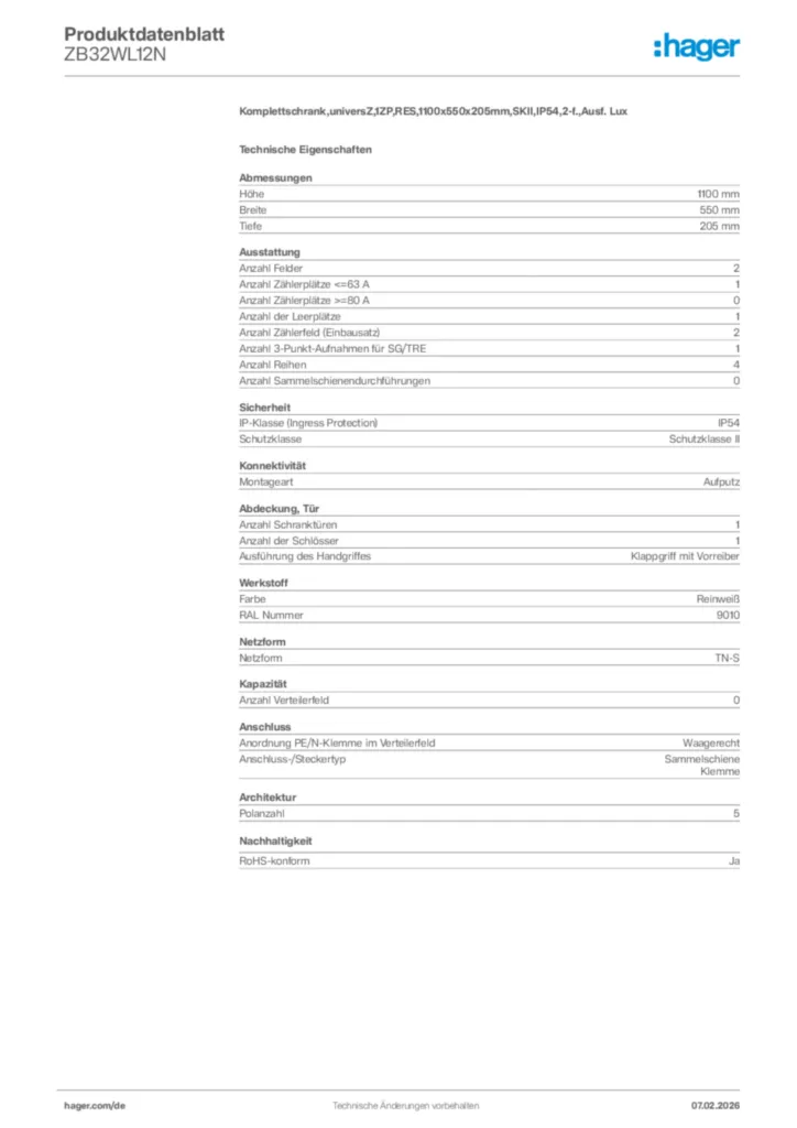 Bild Hager Produktdatenblatt ZB32WL12N | Hager Deutschland