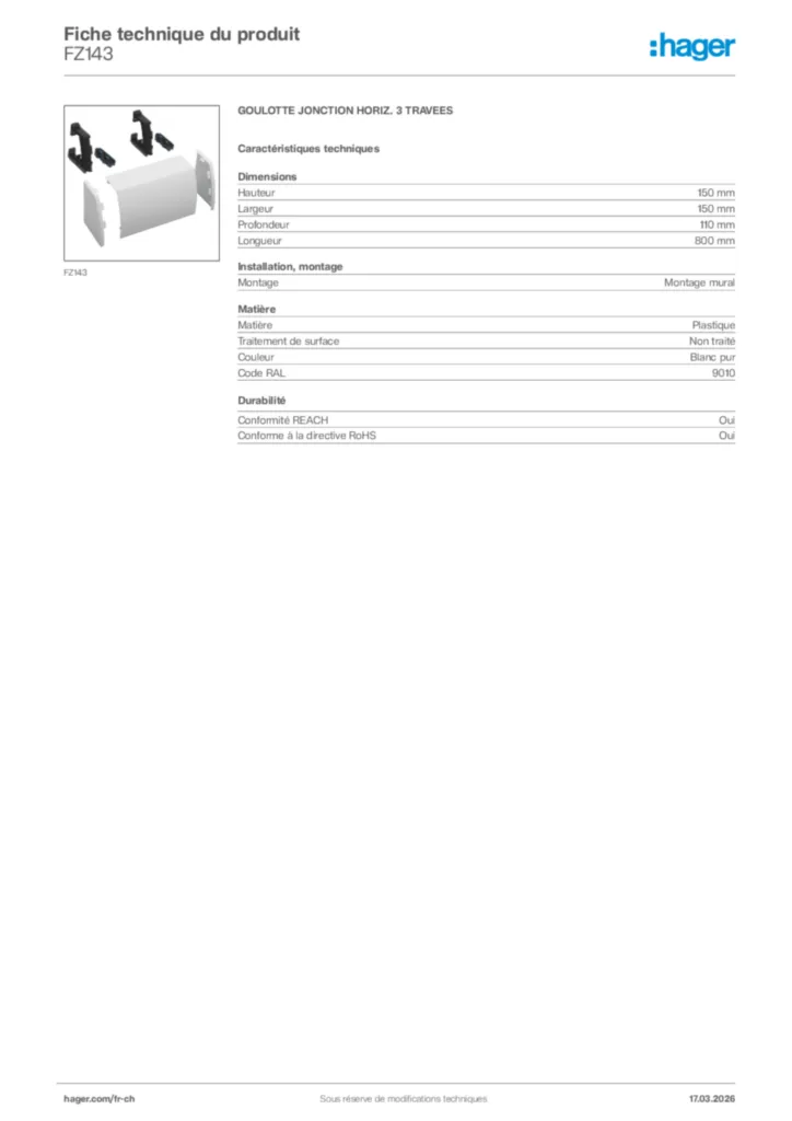 Image Hager Fiche technique du produit FZ143 | Hager Suisse