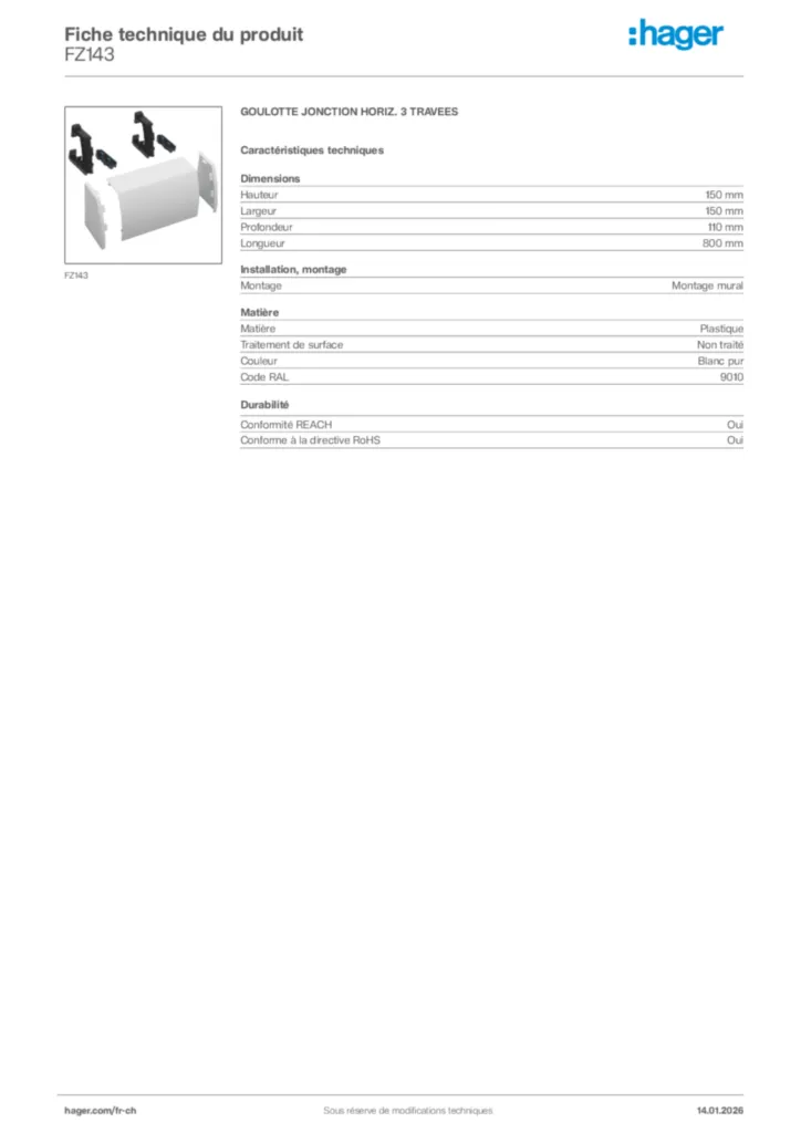 Image Hager Fiche technique du produit FZ143 | Hager Suisse