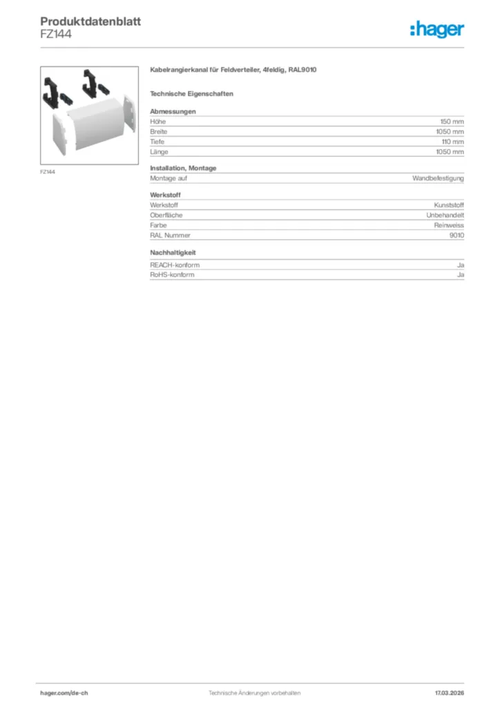 Bild Hager Produktdatenblatt FZ144 | Hager Schweiz