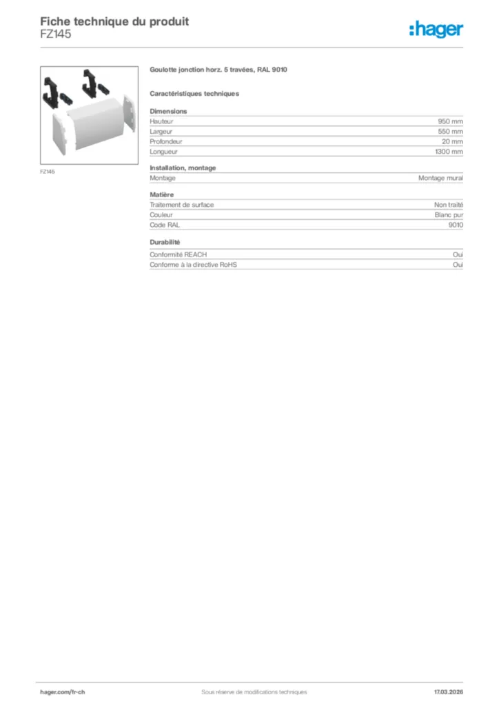 Image Hager Fiche technique du produit FZ145 | Hager Suisse