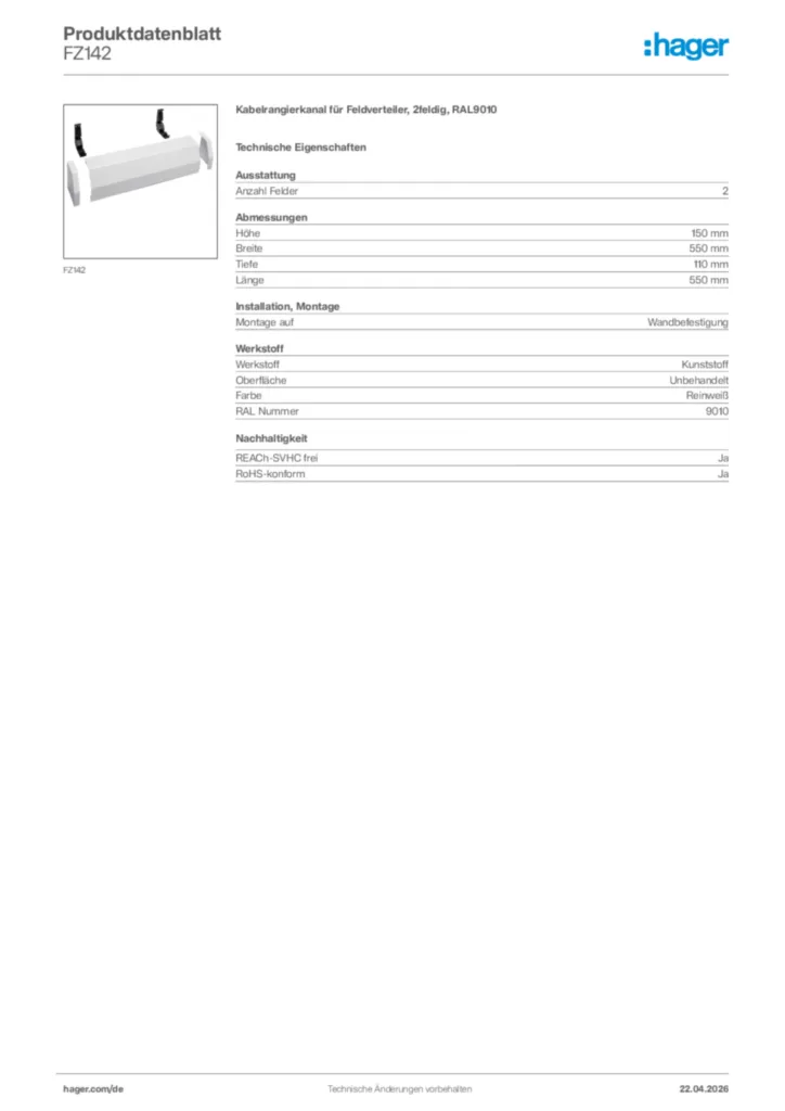 Bild Hager Produktdatenblatt FZ142 | Hager Deutschland