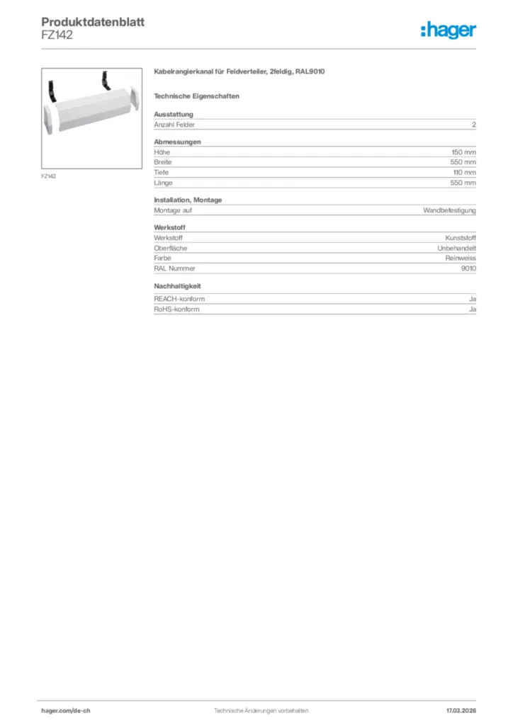 Bild Hager Produktdatenblatt FZ142 | Hager Schweiz