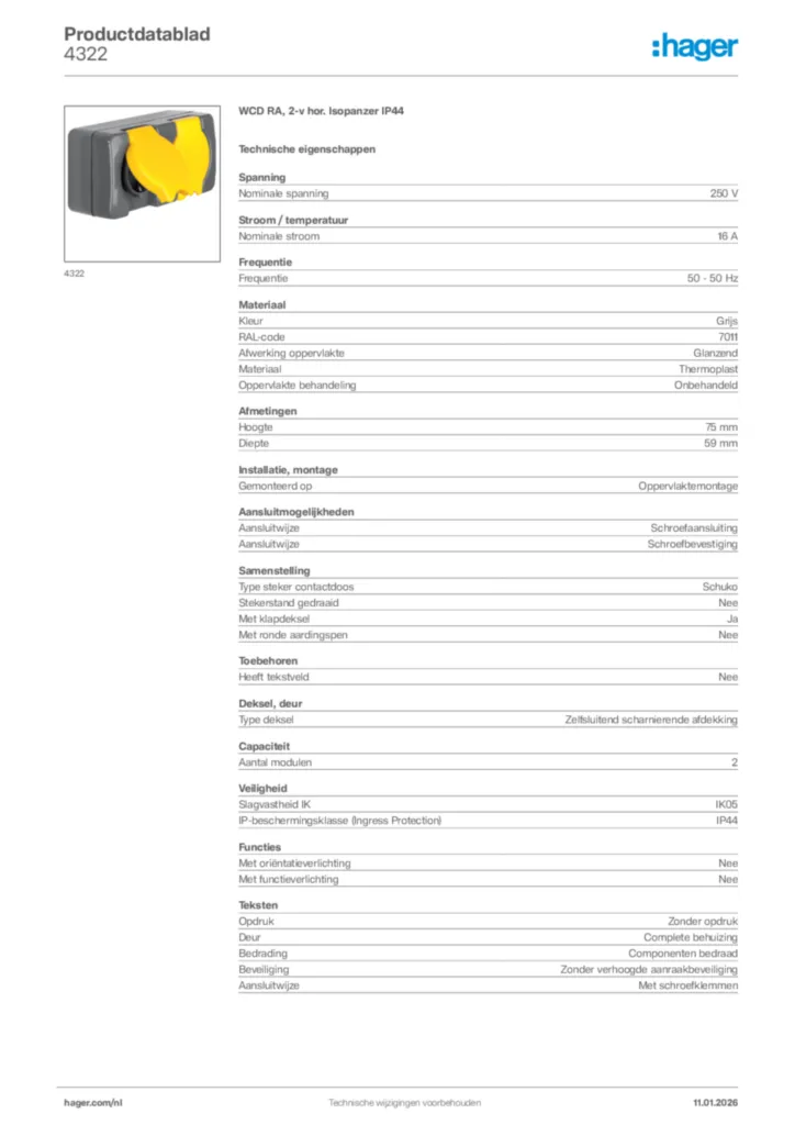 Afbeelding Hager Productdatablad 4322 | Hager Nederland