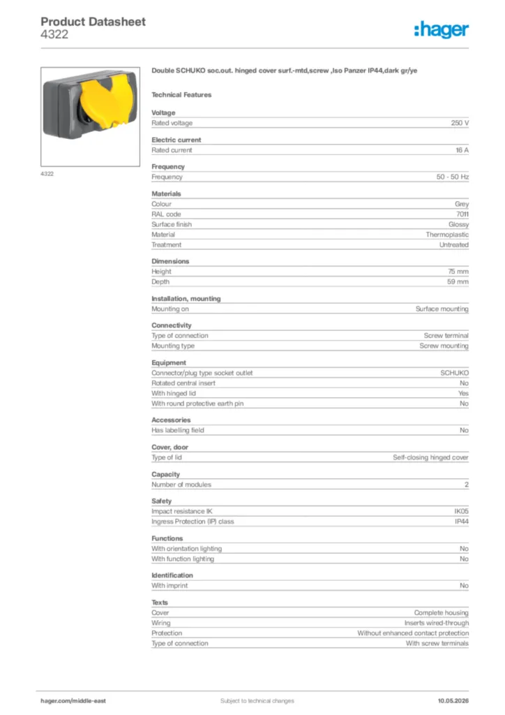 SOCKET OUTLET 2GANG ISO-P • 4322 | Hager